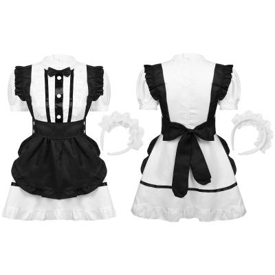 China Polyester Cosplay Costume 2020 Hot Maid Uniform Outfit Halloween Blow Sleeves Dress Women Maid Dress With Headwear And Apron Bowknot for sale