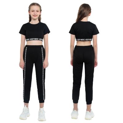 China Other Kids Girls Letter Printed Athletic Wear 2 Piece Tracksuit Set Black Short Sleeve Top With Pant Gaiters for sale