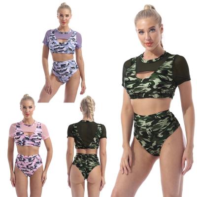 China Antibacterial Women Camouflage 2 Piece Short Set Tracksuit Short Sleeve Keyhole Sports T-Shirt Bra With Shorts Set Yoga Fitness Workout Set for sale