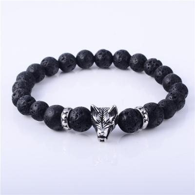 China High polished; Matte Finished Wolf Fashion Animal Main Natural Black Lava Bead Stone Bracelet for sale