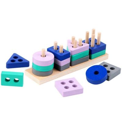 China Eco-Friendly Early Education Non-Toxic Wooden 3D Puzzle Building Block Geometric Shape Stacker Wooden Stacking Toys and Shape Matching Board Toys for sale