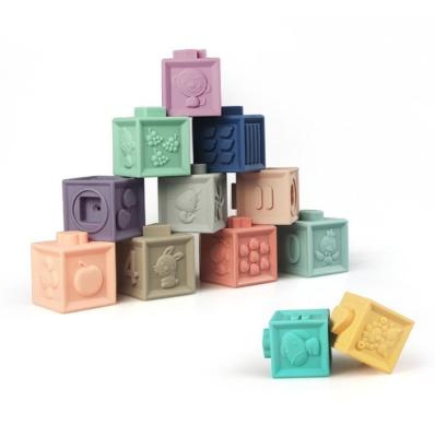 China 12PCS Educational Eco-friendly Material Baby Stacked Stacking Cubes Constituent Squeeze Silicone Soft Blocks For Kids for sale