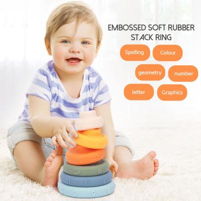 China Soft Baby Stacking Blocks Ring Stacker Eco-friendly Material 6 PCS Baby Montessori Sensory Toys with Letter, Animal and Shape for sale