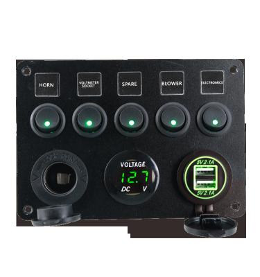 China 12V -24V Marine Boat etc Switch Panel 4.2A USB Charger 12V 24V and voltmeter and socket on the panel with 5 switches for sale