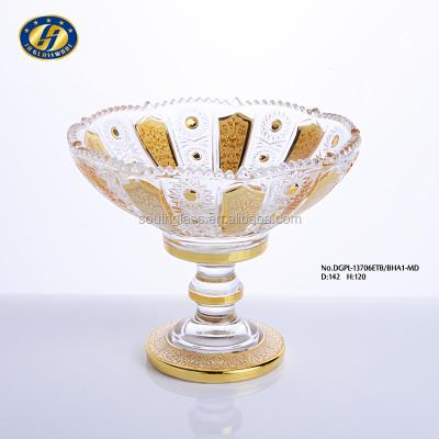 China Europe 5.59 inch footed glass fruit bowl with gold decoration, luxury gloden decorative painting, household items for sale