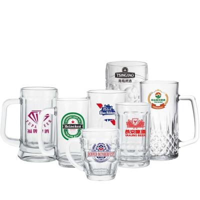 China Stocked In Beer Mugs 16Oz Glass Beer Mug Stock Beer Mug With Custom Logo Decal Printed Custom Packing Glass Drinkware Mug Handle for sale