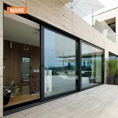 China Low-E 10Mm New Modern Black Aluminum Frame Pocket Aluminum Tempered Glass Patio Slide Doors Windproof for sale