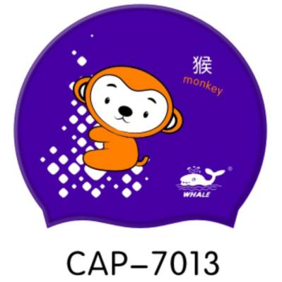 China Purple Silicone Waterproof Swimming Cap for Kids , Monkey Printed for sale