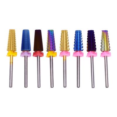 China Stainless Steel 5 in 1 Ranking Bit Burr Manicure Gold Bit Set Carbide Ceramic Nail Rotary Three Way Drill for sale