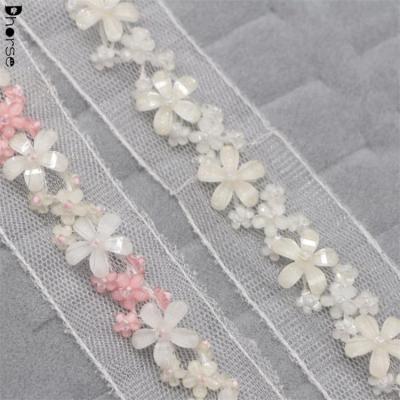 China 1.5cm Viable Delicate 3d Flower Beads Hand Beaded Decorative Lace Trim For Garment for sale