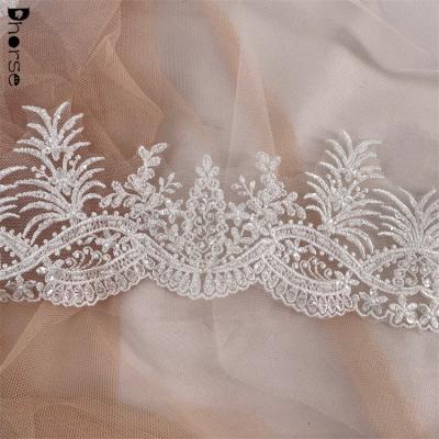 China Sustainable DIY Custom Material Sequin Beaded Bridal Embroidery Lace Trim White for sale