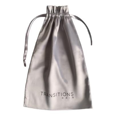 China Wholesale Recyclable Gray Drawstring Silk Wig Bag Silk Bags For Hair Extensions With Custom Logo for sale