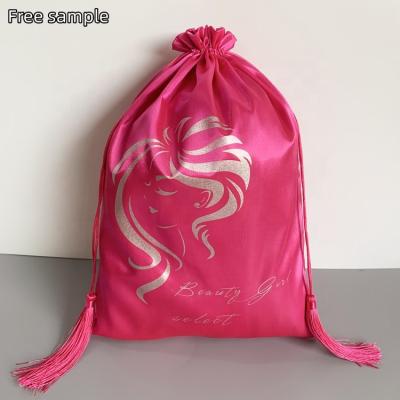 China Hair Extensions Packaging Customized Silver Silk Satin Hair Extension Pouch Bags Drawstring Satin Hair Bags For Packaging Satin Hair Gift Dust Bag Pink for sale