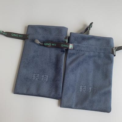 China Custom Logo Pouches Gray Drawstring Velvet Dust Bags Recyclable With Ribbon For Gift for sale