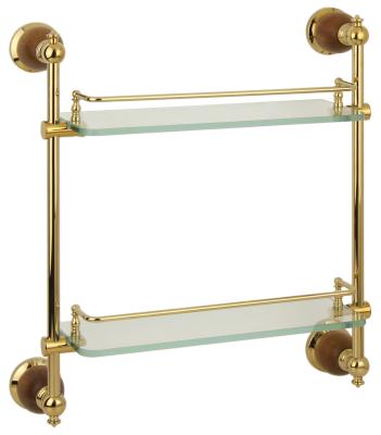 China Wall Mounted Type Kamon Style Teak Glass Shelf European Bathroom Accessories High Quality Brass Double Tier for sale