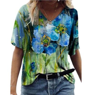 China New Ladies Anti-wrinkle V-Neck Short Sleeve Tops Sexy Abstract 3D Print T-shirt For Summer for sale