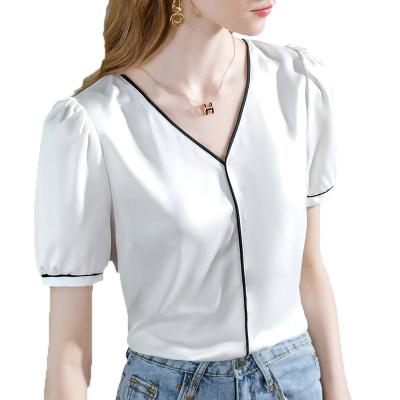 China Anti-wrinkle the new 2022 chic chiffon blouses with V neckline silky satin blouse for sale