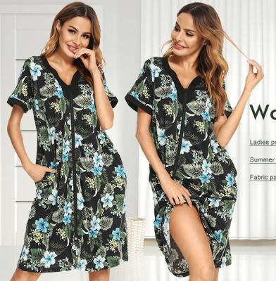 China Custom V-Neckline QUICK DRY Plus Size Summer Cotton Print Sleepwear Women Nightgown Sexy Silk Women Robe With Zipper for sale