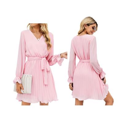 China Long Sleeve Chiffon Mini Dresses Sense Design Style Evening Party Casual Pink Korean Anti-Static V-Neckline High Waist for sale