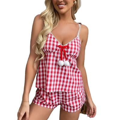 China QUICK DRY Christmas Red and White Bow Plaid Halter Top and Front Shorts Women's Pajama Set for sale