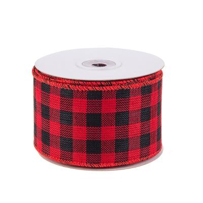 China 63mm Chirstmas Black and Red Burlap Ribbon Christmas Check Buffalo Plaid Classic Christmas Decor Ribbon for DIY Gift Wrap Decoration Craft for sale