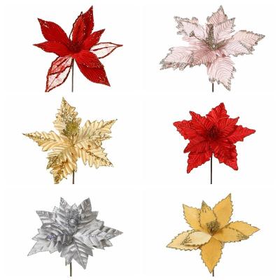 China Hot Sale Glitter Flower Artificial Christmas Flower Red Christmas Shimmer Powder Flower Glitter Poinsettia Flower For Christmas Decoration for sale