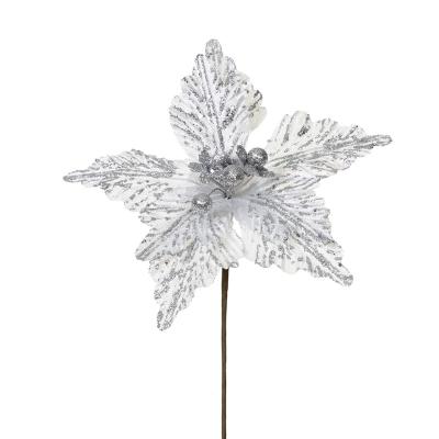 China Newest Style Glitter Flower White Artificial Flower Glittering Christmas White Artificial Flower With Shimmering Powder for sale