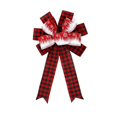 China NewYear Bow Ornament 28*30cm Buffalo Plaid Christmas Bow Burlap Check Christmas Bow with Snowflake Pattern for sale