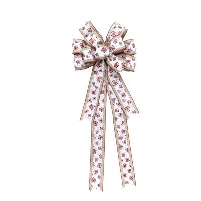 China Handmade Bow Ornament 30*80cm Burlap Ribbon Bow Printing Christmas Bow Bowknots For Rustic Farmhouse Xmas Gift Decorations for sale