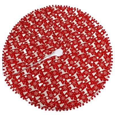 China Christmas Tree Skirt 100*100cm Reindeer Snowflake Christmas Tree Mat Red Christmas Tree Skirt With Shake Tassel Trim Christmas Tree Skirt With Pom Pom for sale