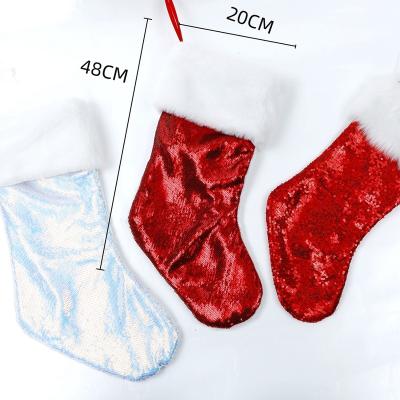 China Chimney Stockings 20*48cm Buffalo Plaid Hanging Christmas Stocking Snowflake Red Flocking Snowman Deer Pattern Christmas Stocking With Plush Faux Fur Cuff for sale