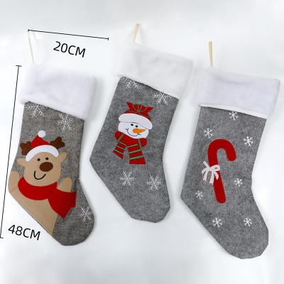 China Gray Xmas Stocking With Plush Christmas Ornament Stocking 20*48cm Snowman Deer Gray Christmas Stocking Gray Christmas Cuff For Christmas Tree for sale