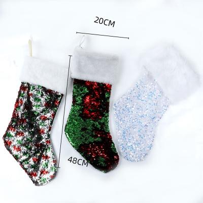 China Red Sequin Christmas Stocking Ornament Gilliter Stocking 20*48cm Red Sequin Stocking With Plush Cuff For Christmas Tree for sale