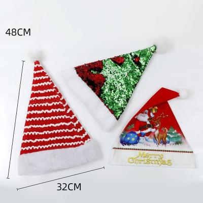 China Polyester Santa Claus Red White Sequin Christmas Short Plush Christmas Hat Sequin Decoration For Xmas Holiday Hats for sale