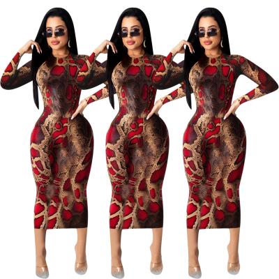 China 2022 New Arrivals Breathable Springs Fall Autumn Animal Snakeskin Dresses Long Sleeve Bodycon Midi Dresses Women Clothes Causal Clothing for sale