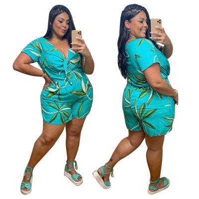 China 2021 new arrivals QUICK DRY summer 4xl tropical print plus size short one piece romper jumpsuit women clothing for sale