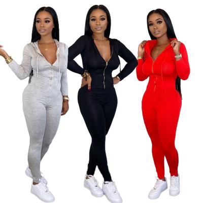 China 2022 new arrivals spring autumn solid color QUICK DRY sleeve hoodie long bodycon zipper romper jumpsuit women clothes one piece for sale