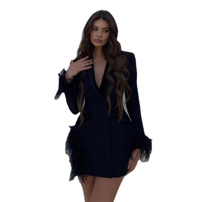 China Breathable YZ Fashion Accessories And  Feather Trim Blazer Dress Set for sale