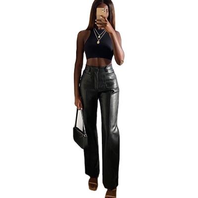 China Anti-pilling Women Faux Leather Pants Solid Color High Waist Straight  Pants for sale