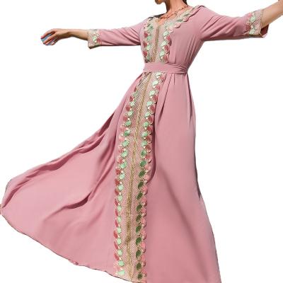 China Polyester Cherry Blossom Pink Embroidery Beads Lace Long Dress Elegant Retro Gorgeous Middle East Dress for sale