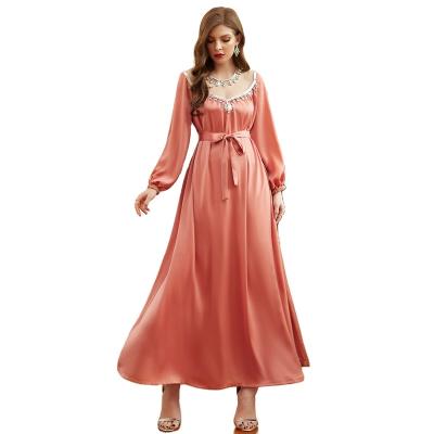 China Polyester New Orange Pink Mesh Hollow Out Stitching Hand Stitched Drill Fairy Long Dress for sale