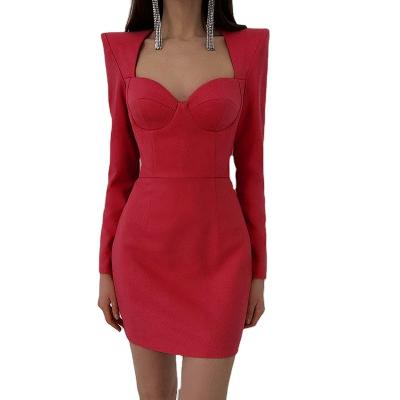 China Breathable Fall Winter Office Ladies Square Collar Fashion Mini Long Sleeve Bodycon Dress for sale