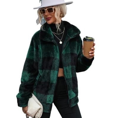 China Sustainable Women Fuzzy Fleece Tartan Jacket Flannel Plaid Full Zip Lapel Jackets Coat for sale