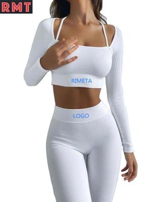 China 2022 Antibacterial Seamless Women Workout Ribbed Sports Long Sleeve Crop Top Shirts Yoga Gaiters Sets Fitness Suit Workout Set for sale