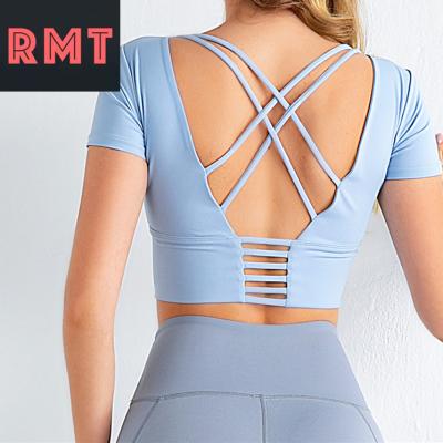 China Breathable Cross Belt Chest Pad Gathered Moisture Absorption And Sweat Wicking Top Short Sleeve Sports Fitness Yoga Breathable Suit for sale