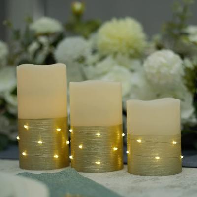 China Ivory Pillar Flashing Flameless Candle Wax Birthdays With Embedded String LED Candle Light for sale