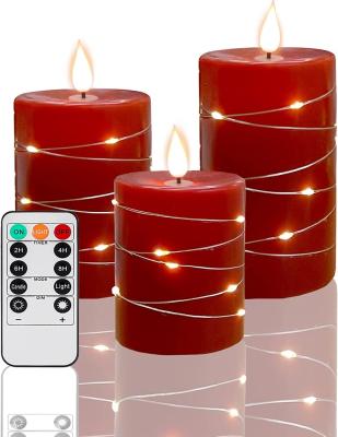 China Remote Function Candle Battery Red Flameless Candle with String Light Flashing Candle with Remote Control and Timer 3 Piece Set for sale