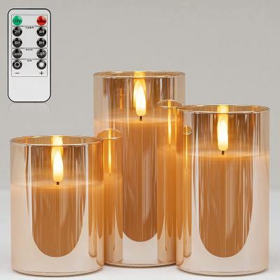 China 3 Function Gold Flameless Candle Clear Glass Flasher Battery Operated Remote Control Set for sale