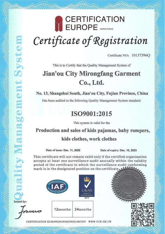 ISO9001 - Jian'ou City Mirongfang Garment Co., Ltd.