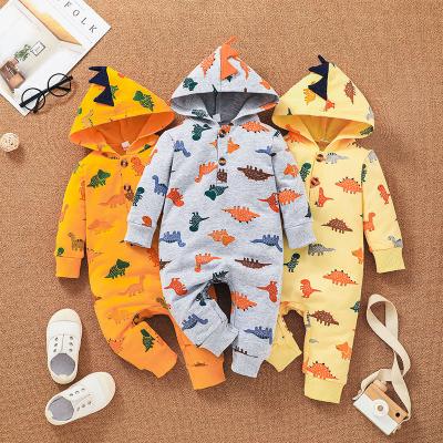 China 2021 Wholesale Cartoon Print Cartoon Hooded 100% Cotton Dinosaur Jumpsuit Baby Clothes Rompers for sale